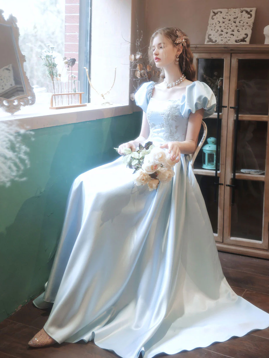 Light Blue Satin Lace Long Prom Dress Blue Lace Formal Dress - Deanwangkt