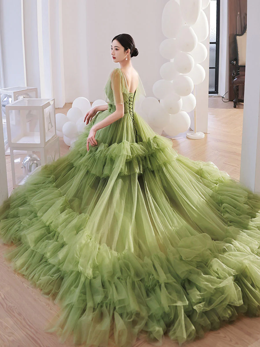Green V Neck Tulle Long Prom Dress, Green Tulle Formal Dresses - Deanwangkt