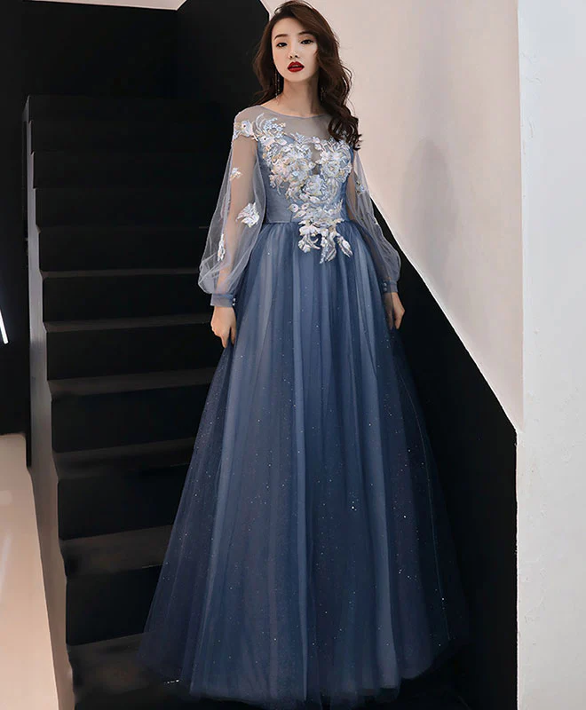 Blue Round Neck Tulle Lace Long Prom Dress Blue Formal Dress - Deanwangkt