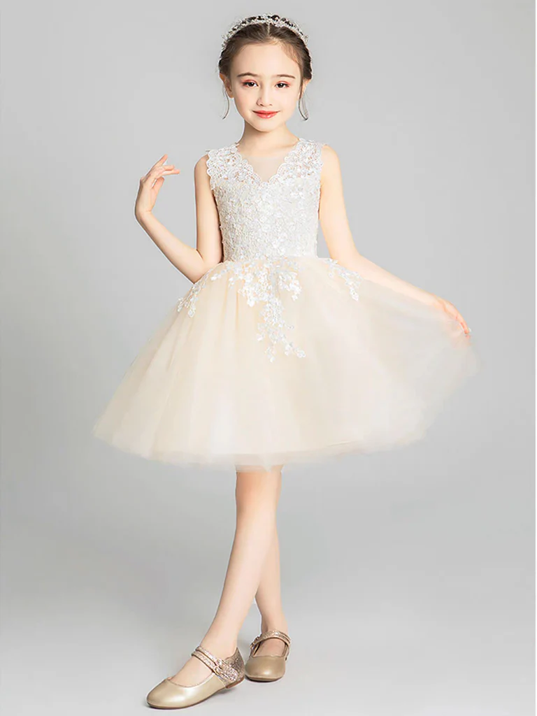 Champagne Tulle Lace Short Flower Girl Dress - Deanwangkt