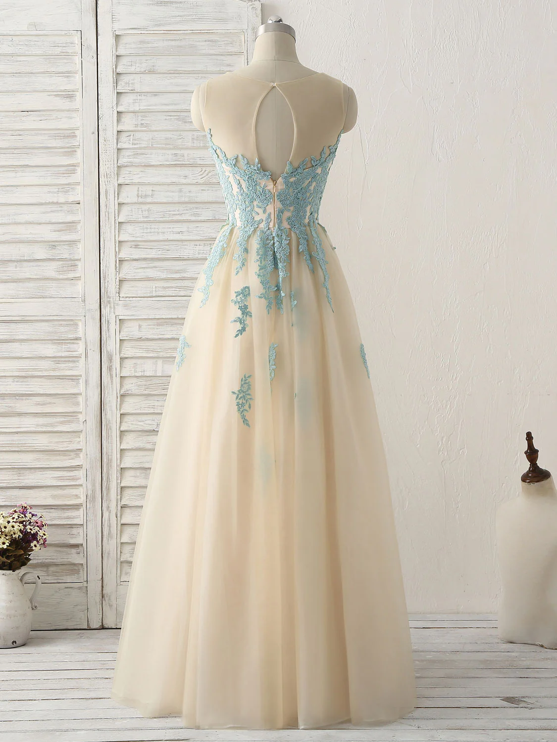 Cute Champagne Lace Long Prom Dress, A Line Tulle Bridesmaid Dress - Deanwangkt