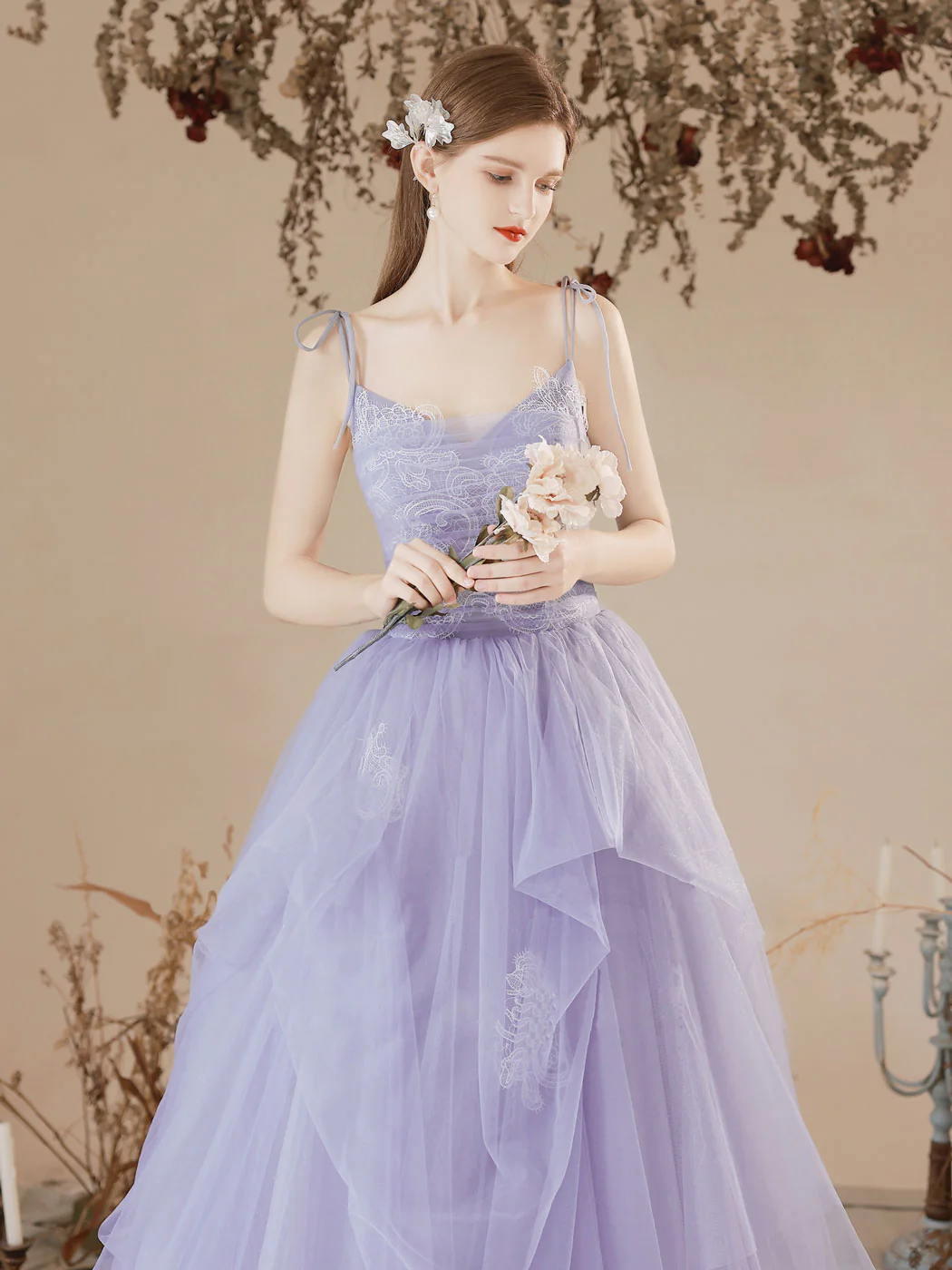A-Line Tulle Lace Purple Long Prom Dresses, Purple Formal Evening Dress - Deanwangkt