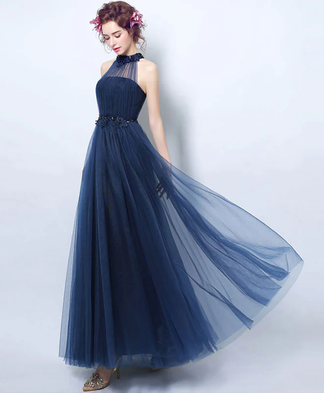 Simple Blue Tulle Tea Long Prom Dress, Blue Evening Dress - Deanwangkt