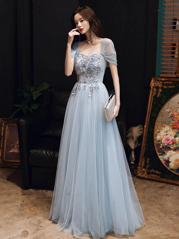 Blue Tulle Off Shoulder Tulle Lace Long Prom Dress, Blue Formal Dress - Deanwangkt