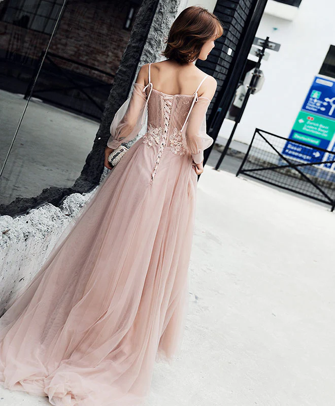 Champagne Tulle Lace Long Prom Dress, Champagne Evening Dress - Deanwangkt