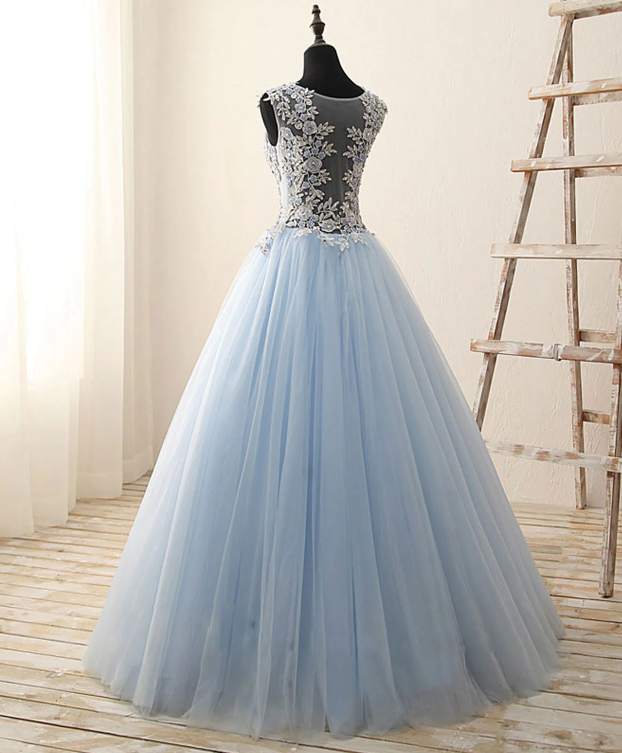 Unique Round Neck Tulle Lace Long Prom Dress, Long Evening Dress - Deanwangkt