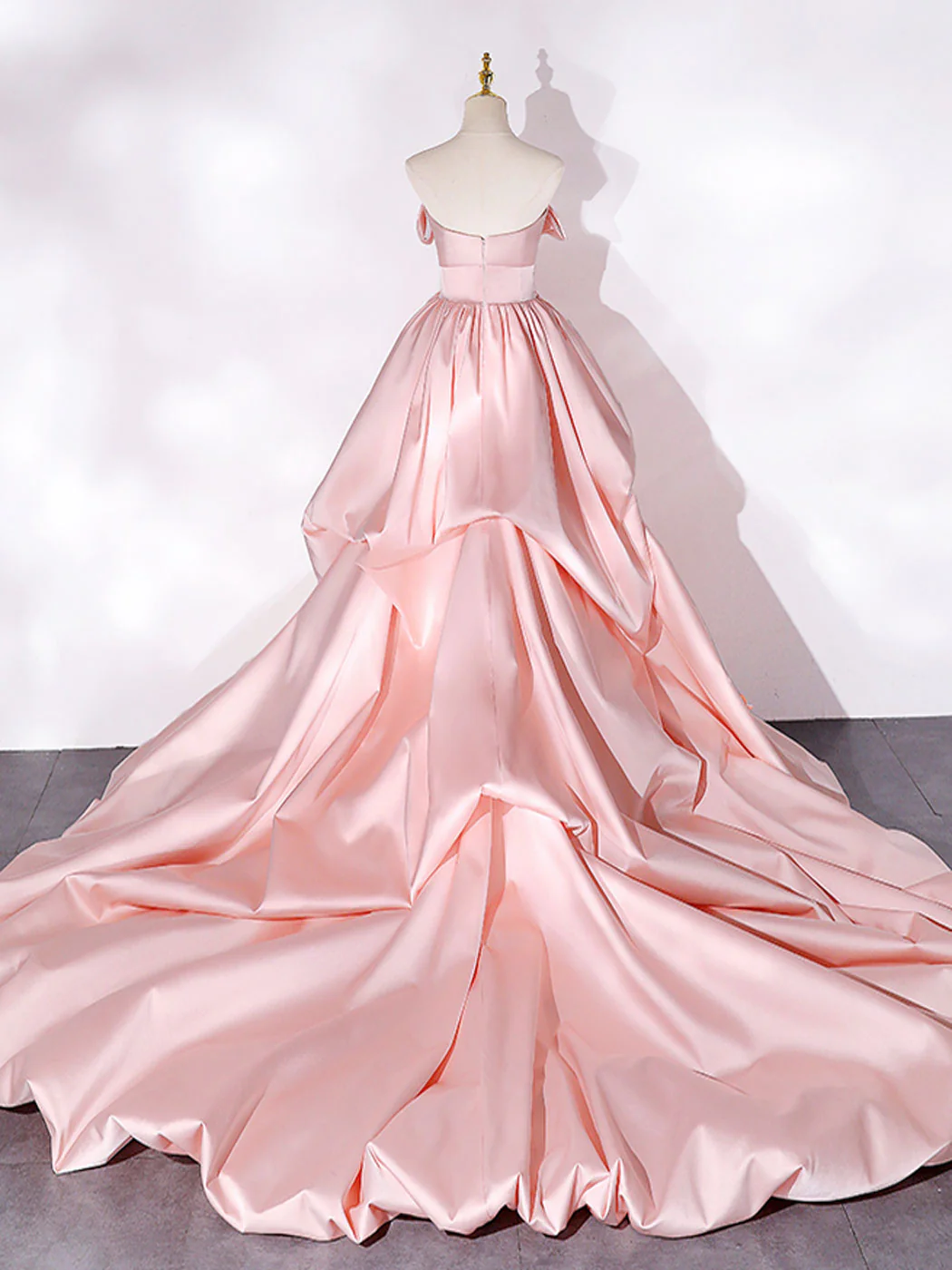Pink Sweep Train Satin Long Prom Dress, Pink Formal Evening Dresses - Deanwangkt