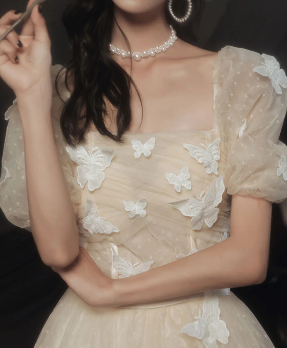 Light Champagne Tulle Long Prom Dress, Light Champagne Evening Dress - Deanwangkt