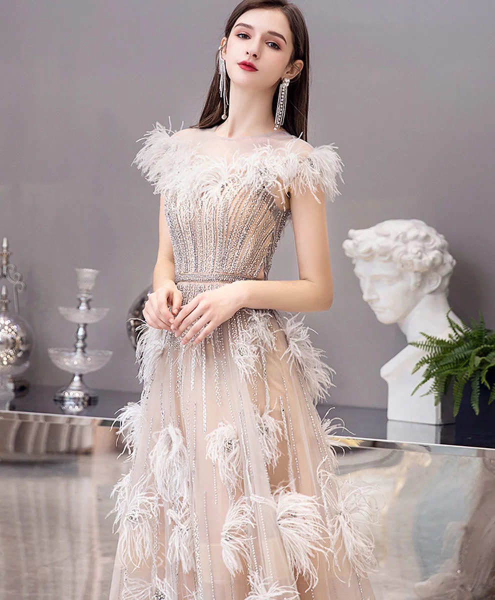 Champagne Tulle Beads Long Prom Dress, Champagne Formal Evening Dress - Deanwangkt