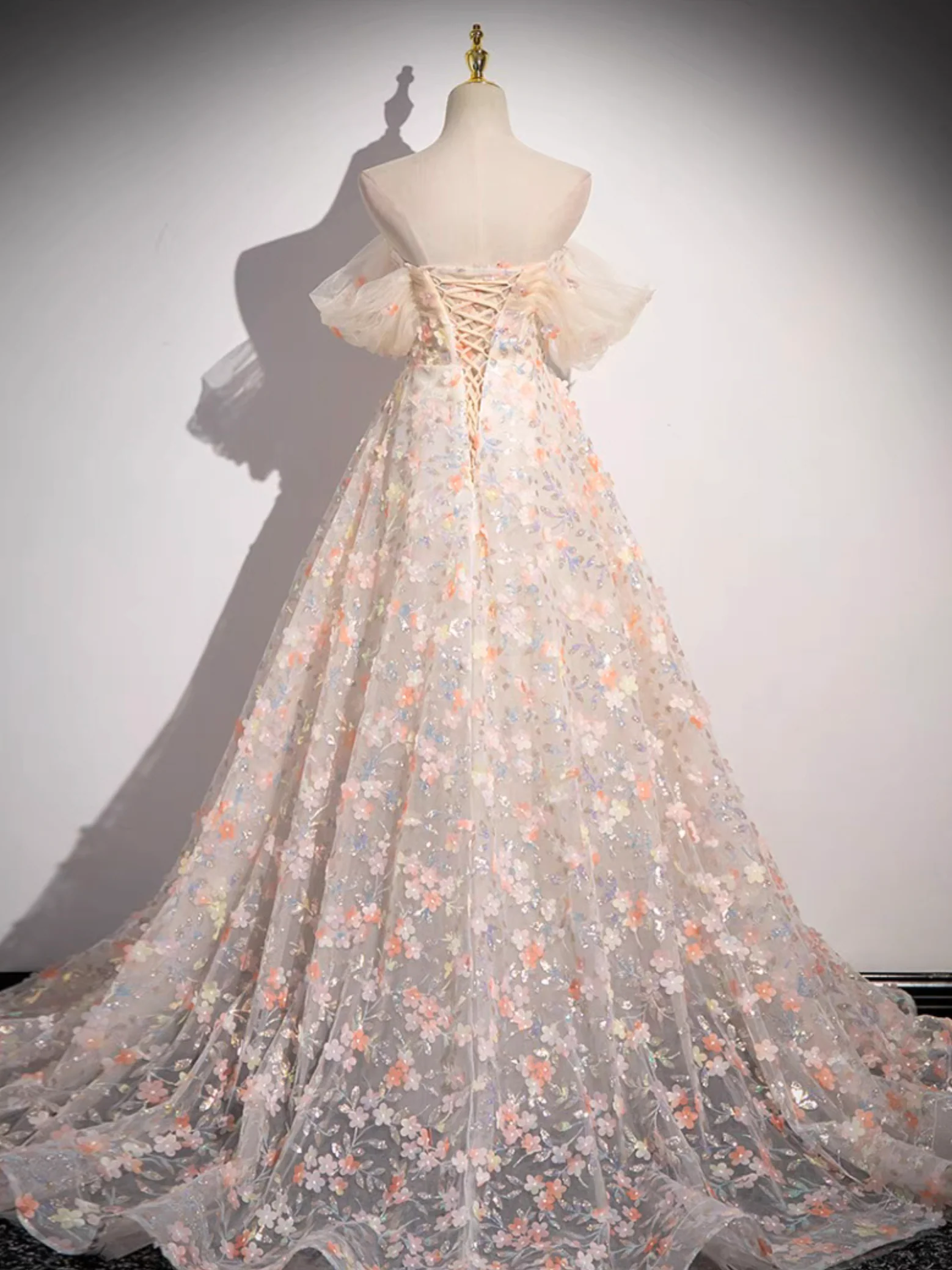 A-Line Off Shoulder Tulle Lace Champagne Long Prom Dress, Champagne Formal Dress - Deanwangkt