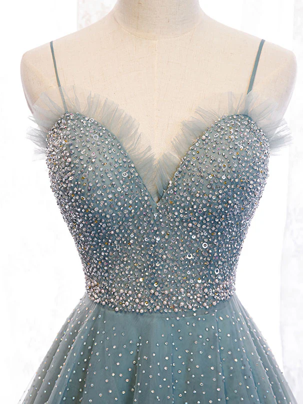 Green Sweetheart Neck Tulle Sequin Long Prom Dress Green Evening Dress - Deanwangkt