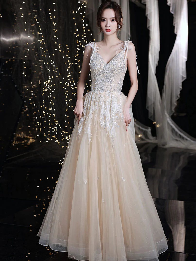 Champagne V Neck Tulle Sequin Lace Long Prom Dress, Champagne Evening Dress - Deanwangkt