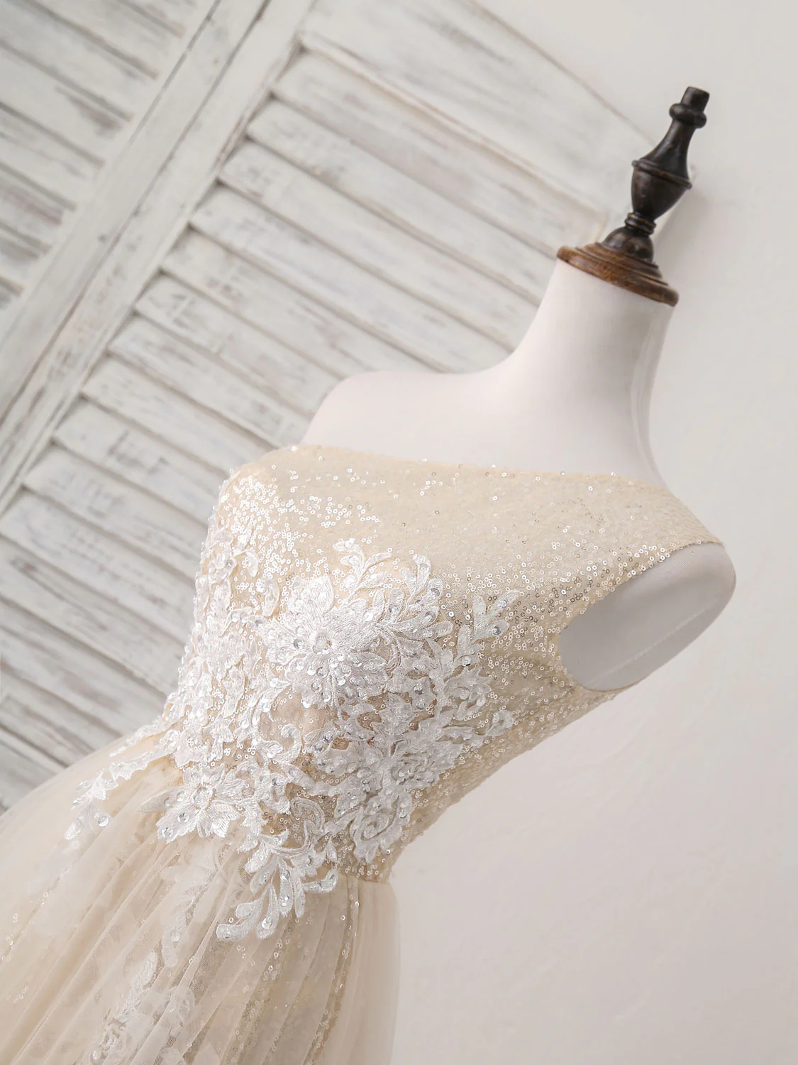 Unique Champagne Tulle Sequin Long Prom Dress, Champagne Evening Dress - Deanwangkt