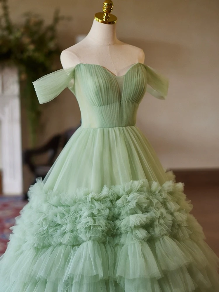 A-Line off Shoulder Tulle Green Long Prom Dress, Green Sweet 16 Dress - Deanwangkt
