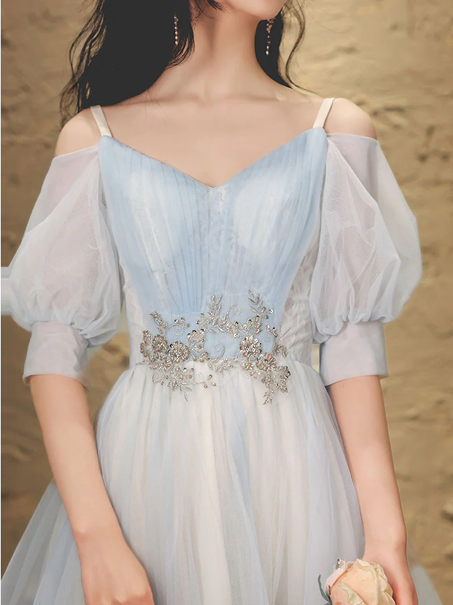 Blue A-line Tulle Lace Short Prom Dress, Blue Homecoming Dress - Deanwangkt