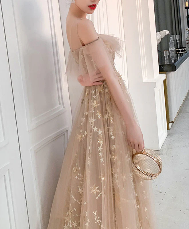 Champagne Round Neck Tulle Lace Long Prom Dress Tulle Evening Dress - Deanwangkt