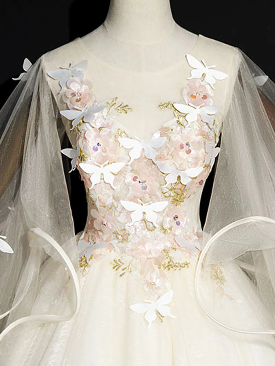 Light Champagne Long Prom Dresses, Champagne Tulle Formal Gown Sweet 16 Dresses - Deanwangkt