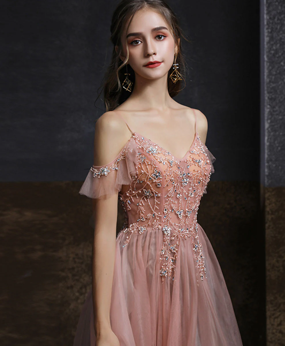 Pink V Neck Tulle Beading Long Prom Dress, Pink Formal Graduation Dresses - Deanwangkt