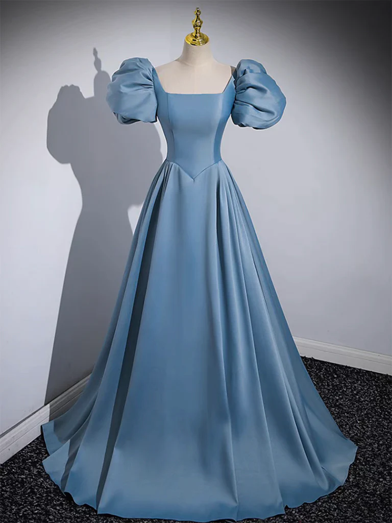 A-Line Puff Sleeves Satin Blue Long Prom Dress, Blue Long Formal Dress - Deanwangkt