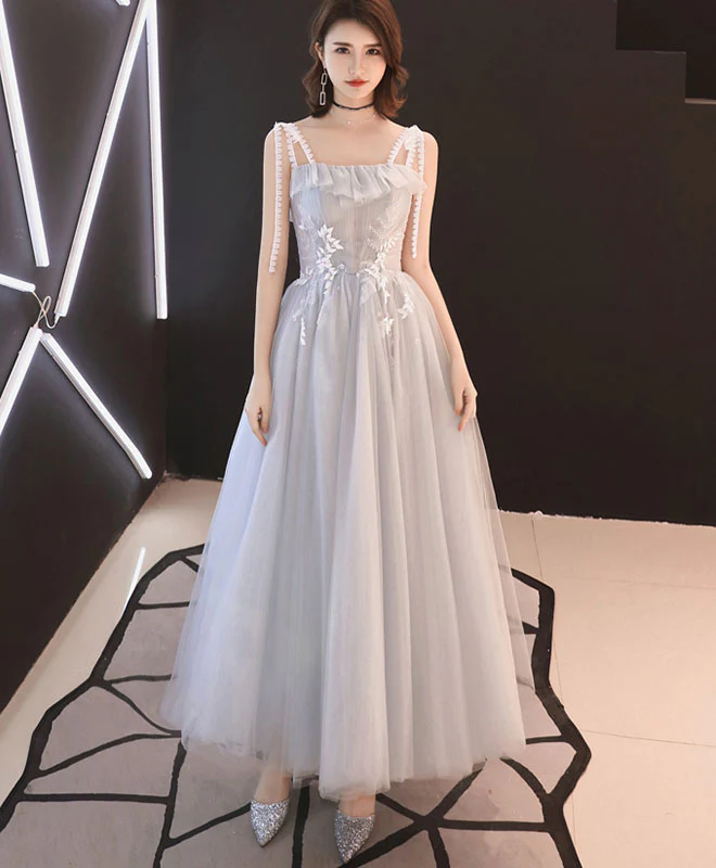 Gray Tulle Tea Length Prom Dress, Gray Tulle Evening Dress - Deanwangkt