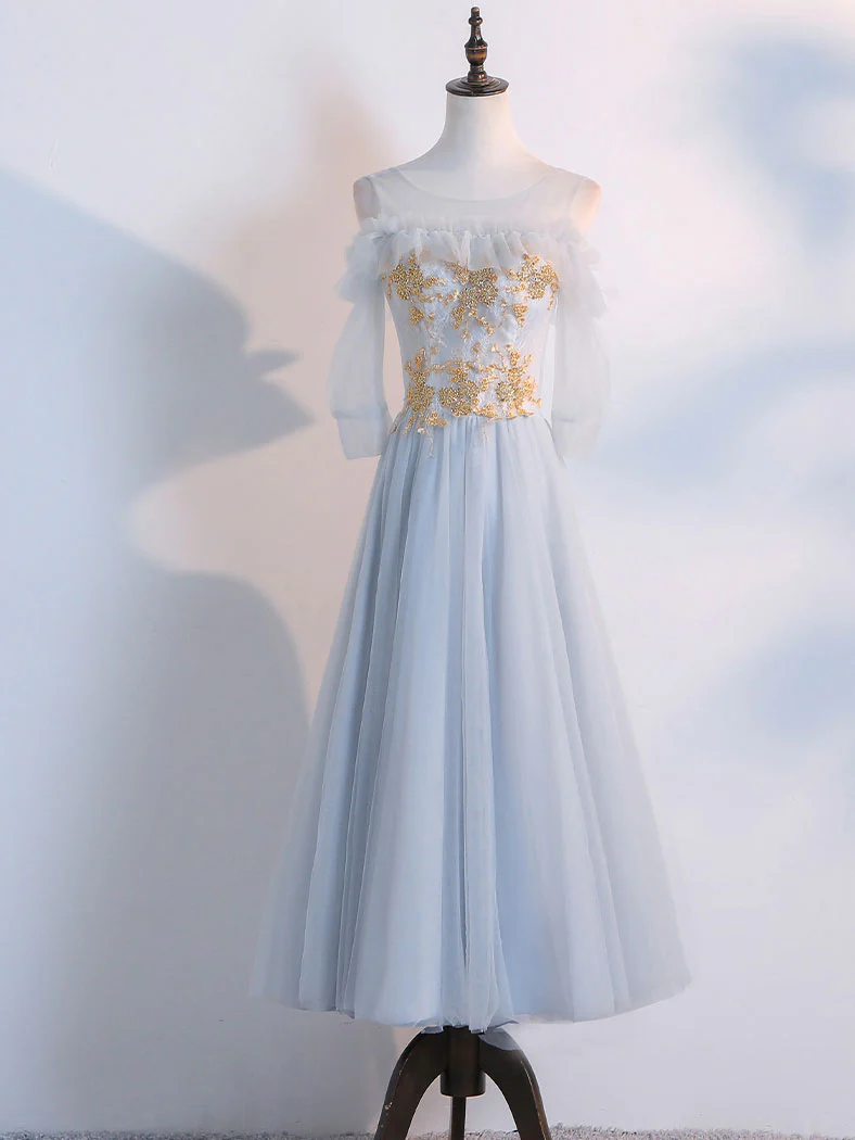 Simple Tulle Lace Gray Prom Dresses, Tea Length Lace Bridesmaid Dresses - Deanwangkt