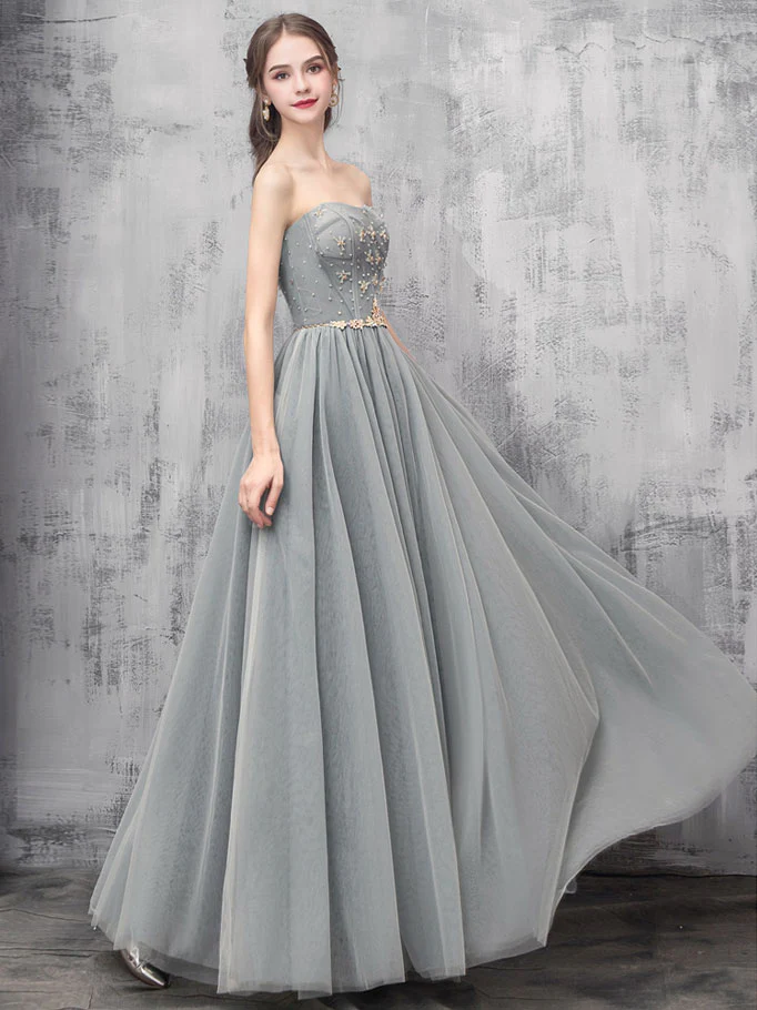 Gray A-line Tulle Long Prom Dress Gray A-line Formal Evening Dress - Deanwangkt