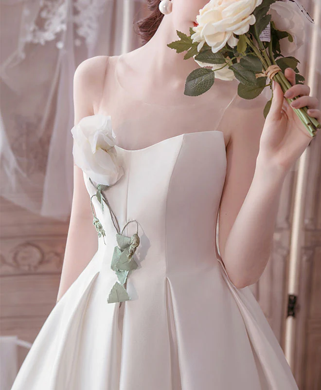 Simple Round Neck Tea Length Prom Dress White Bridesmaid Dress - Deanwangkt