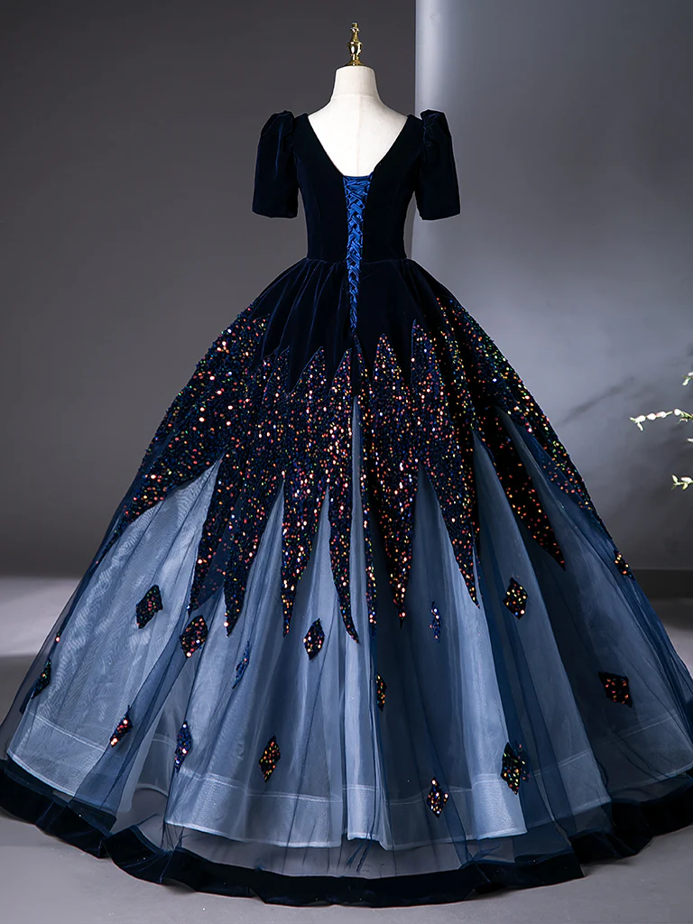 A-Line V Neck Velvet Tulle Dark Blue Long Prom Dress, Dark Blue Long Evening Dress - Deanwangkt