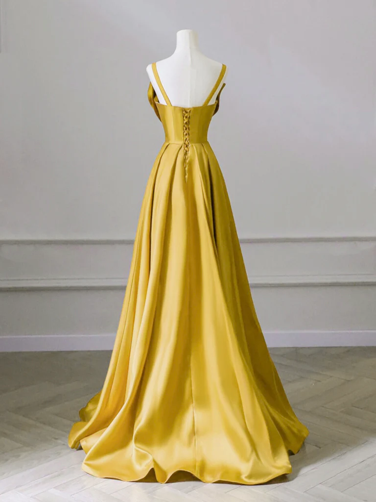 A-Line Sweetheart Neck Satin Yellow Long Prom Dress, Yellow Long Formal Dress - Deanwangkt