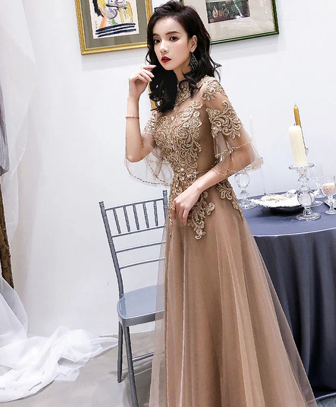 Champagne High Neck Tulle Lace Long Prom Dress, Champagne Evening Dress - Deanwangkt