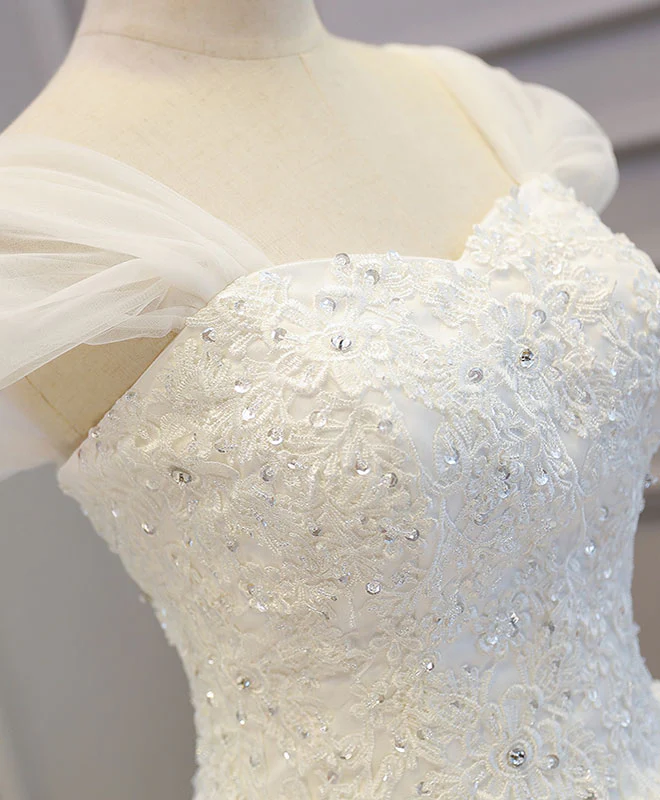 White Lace Tulle High Low Long Wedding Dress, Bridal Dress - Deanwangkt