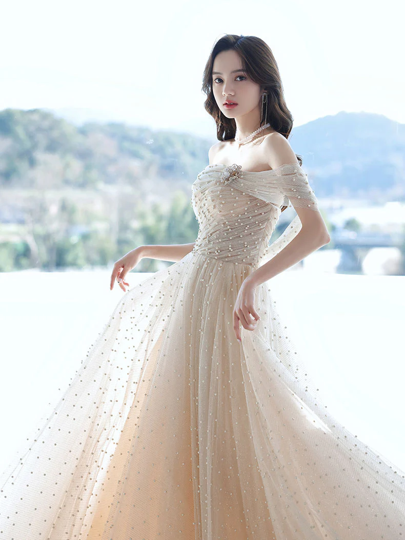 Champagne  Tulle Beads Long Prom Dress Champagne Formal Dress - Deanwangkt