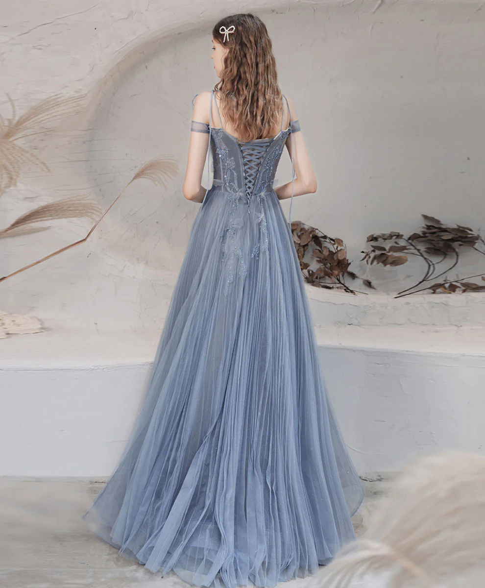 Blue Aline Off Shoulder Long Prom Dress, Blue Formal Graduation Dress with Beading - Deanwangkt