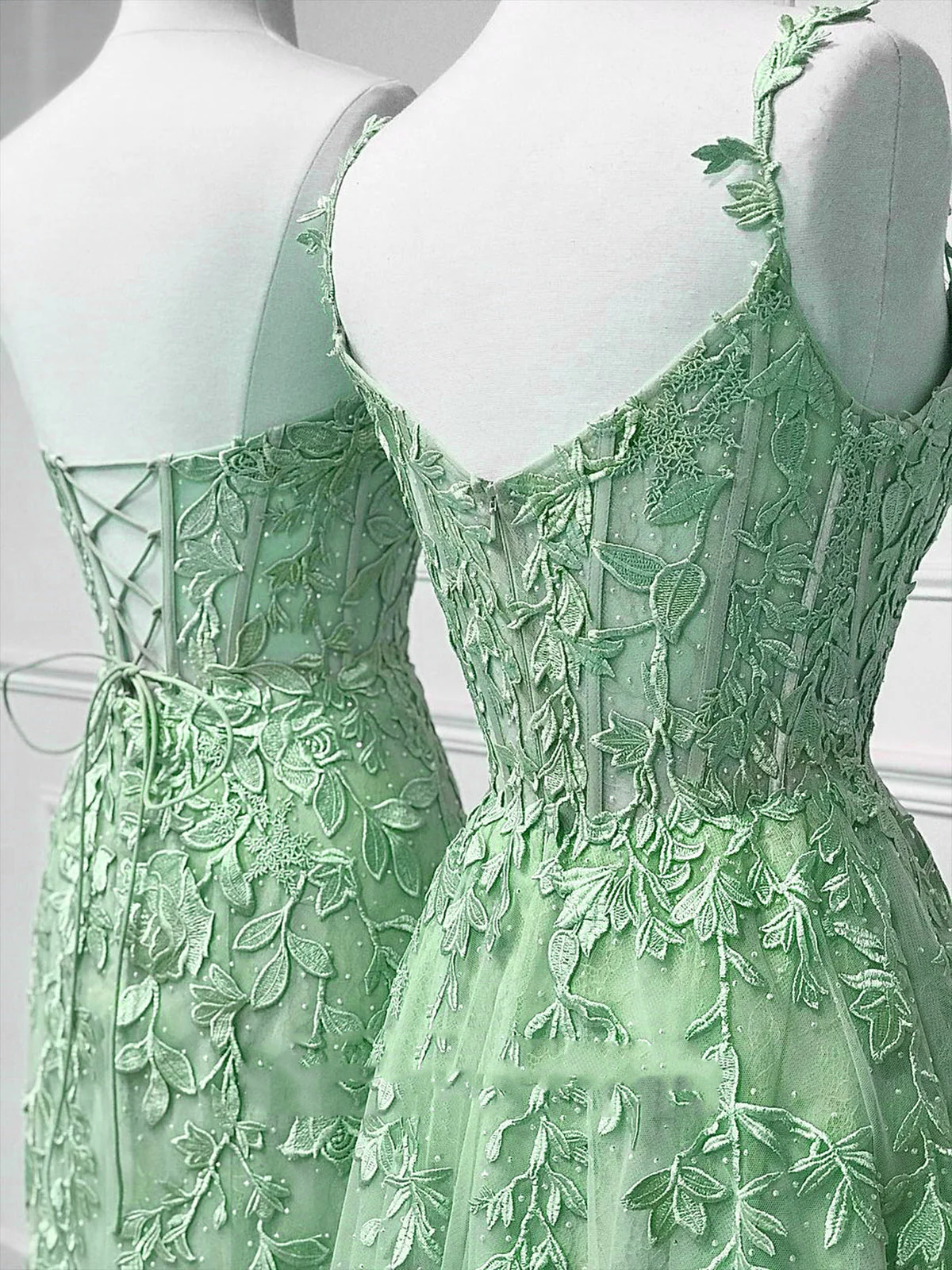 A-Line Tulle Lace Green Long Prom Dress, Green Lace Long Graduation Dress - Deanwangkt