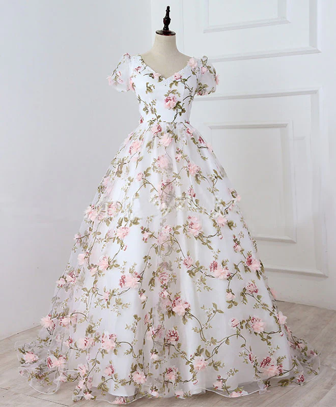 White V Neck 3D Flowers Long Prom Dress, White Evening Dress - Deanwangkt