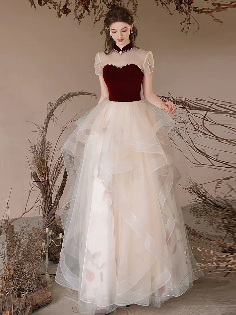 A-Line High Neck Tulle Lace Champagne Long Prom Dress, Champagne Long Evening Dress - Deanwangkt
