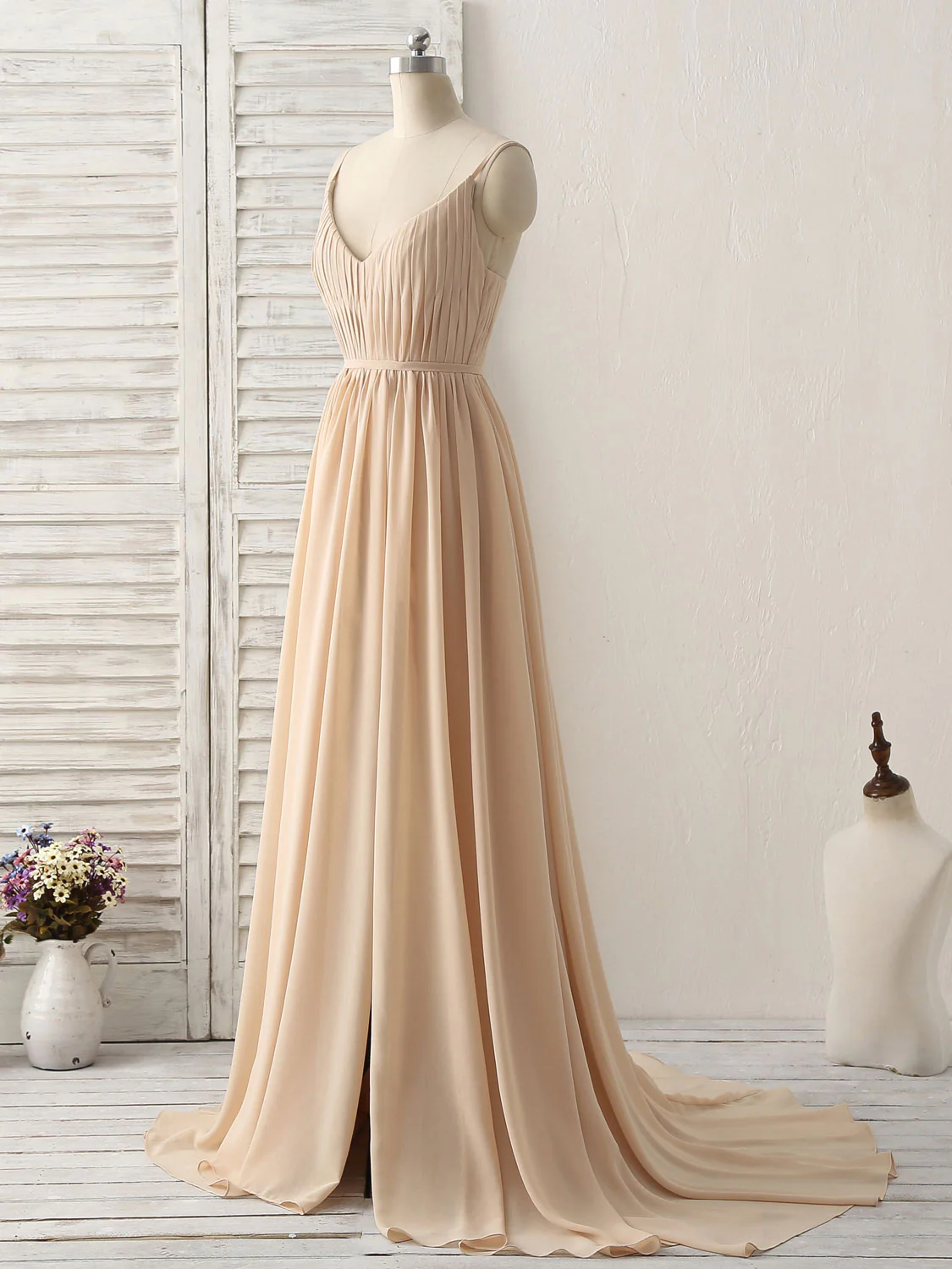 Simple Champagne Long Prom Dresses V Neck Chiffon Bridesmaid Dress - Deanwangkt