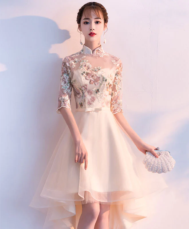 Champagne Tulle Lace Applique Short Prom Dress, Homecoming Dress - Deanwangkt