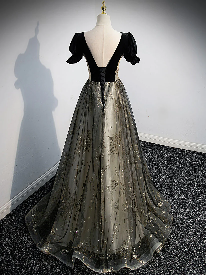 A line Velvet Tulle Lace Black Long Prom Dress, Black Formal Graduation Dresses - Deanwangkt
