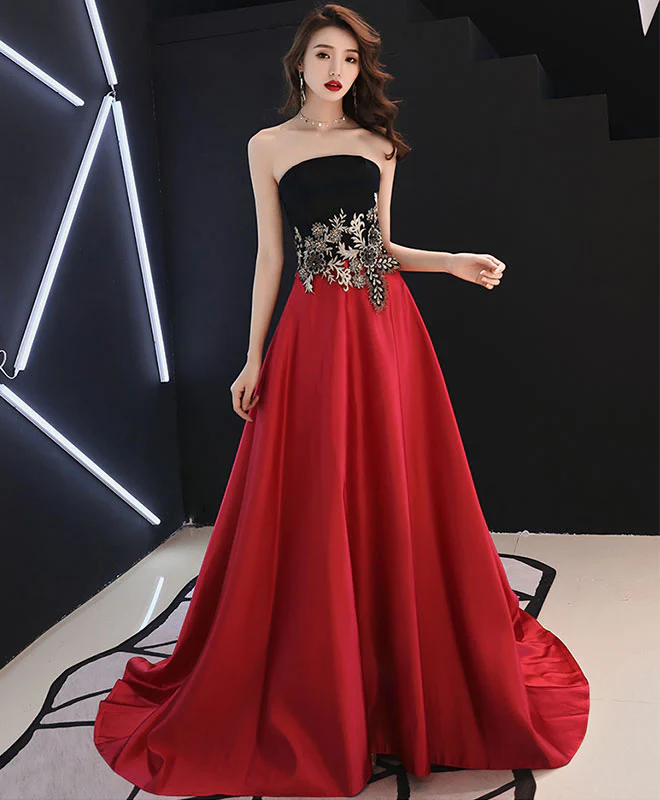 Burgundy Satin Lace Long Prom Dress, Burgundy Evening Dress - Deanwangkt