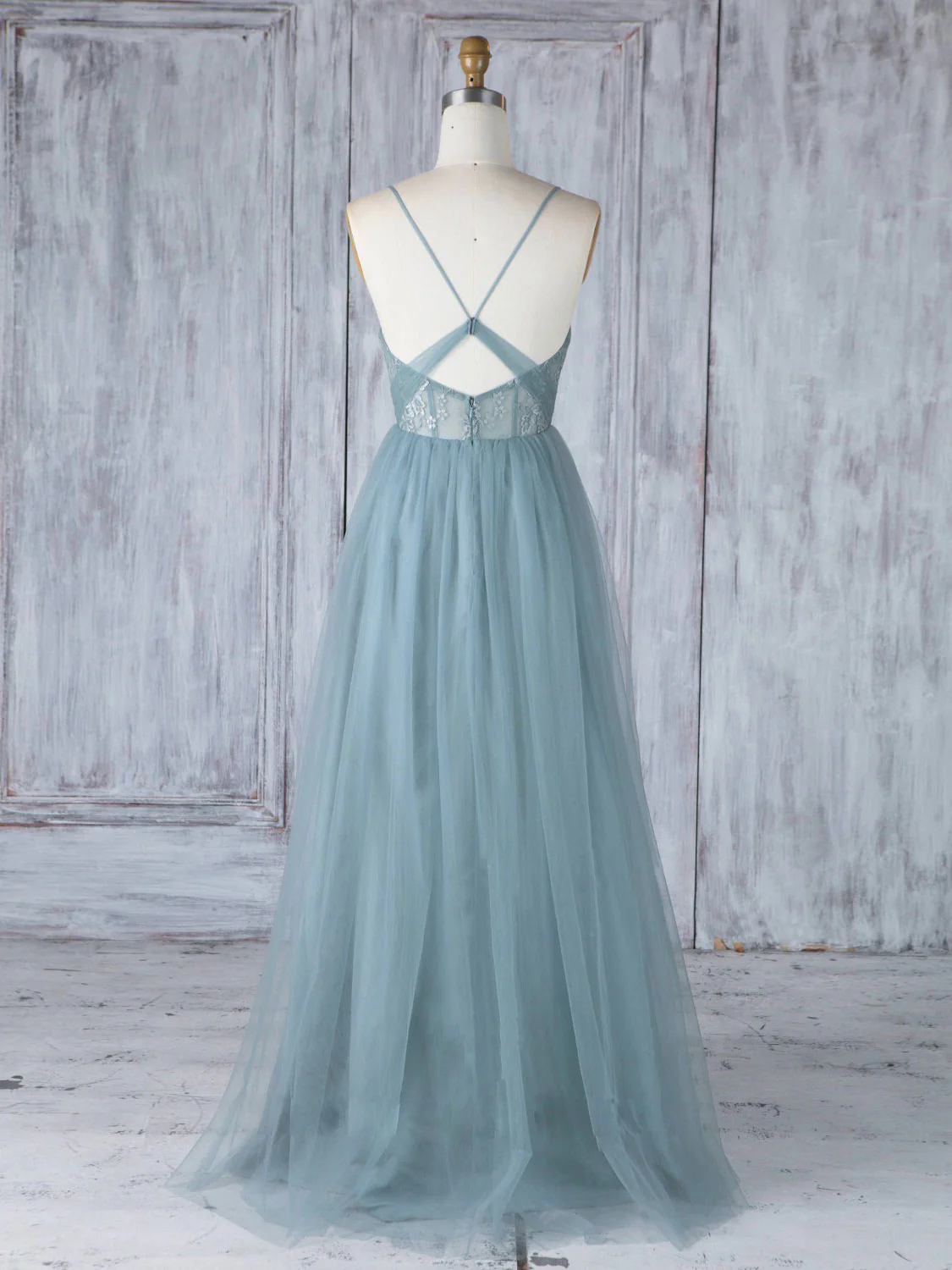 Simple Sweetheart Neck Tulle Lace Long Prom Dresses, Gray Blue Bridesmaid Dresses - Deanwangkt