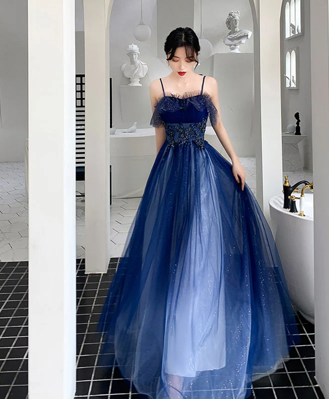 Blue Sweetheart Tulle Lace Long Prom Dress Blue Tulle Formal Dress - Deanwangkt