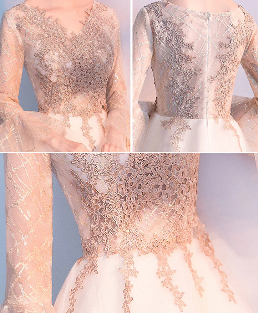 Champagne Round Neck Tulle Lace Short Prom Dress, Evening Dress - Deanwangkt