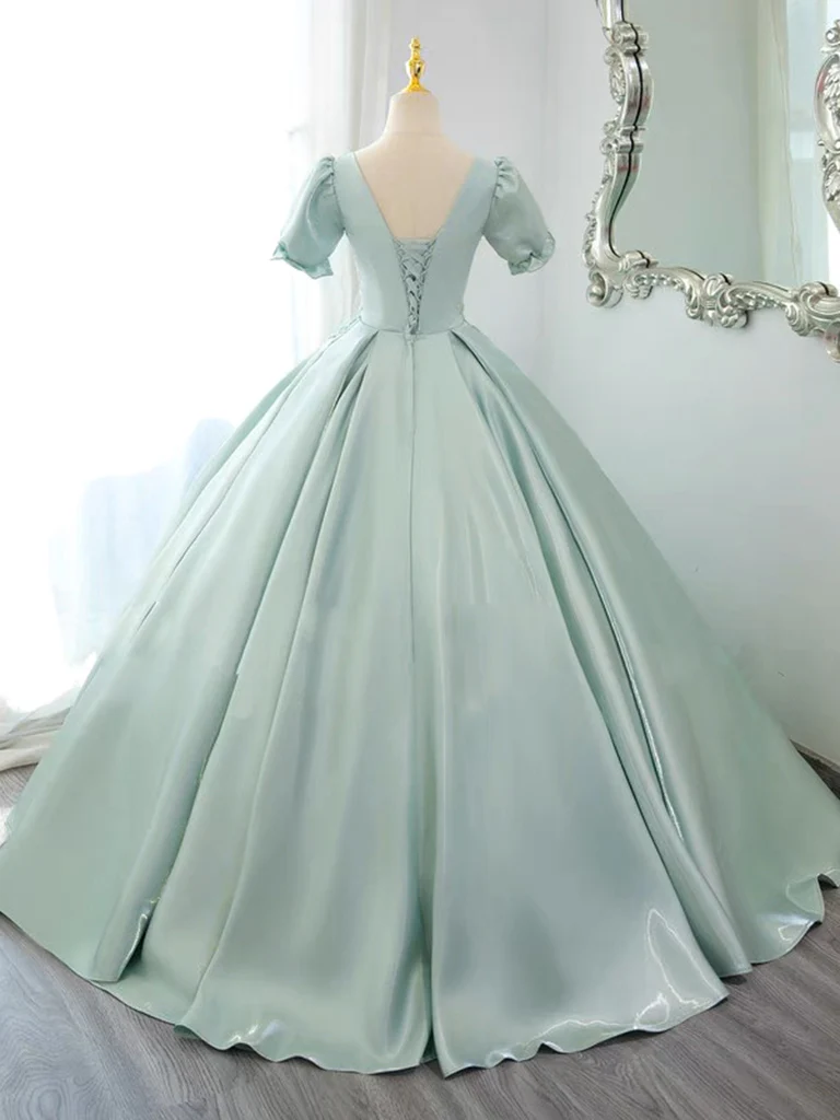 A-Line Satin Lace Applique Green Long Prom Dress, Green Long Formal Dress - Deanwangkt
