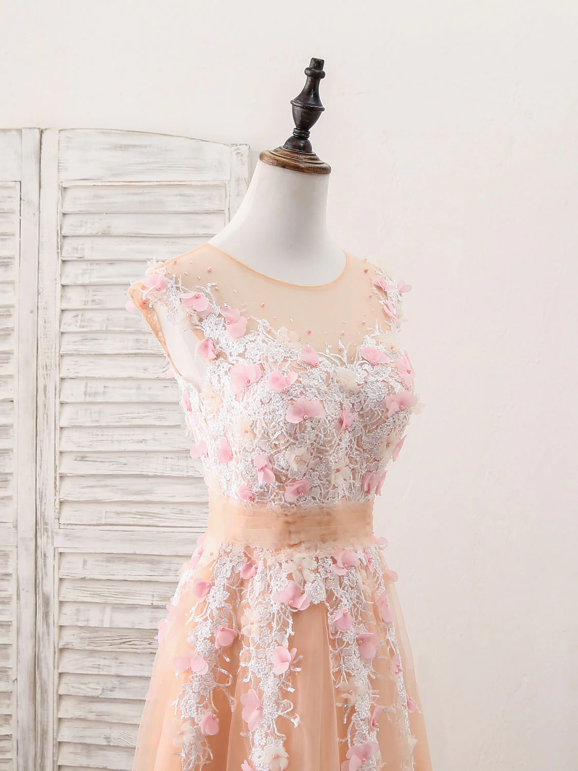 Champagne Tulle Lace Long Prom Dress, Champagne Evening Dress - Deanwangkt