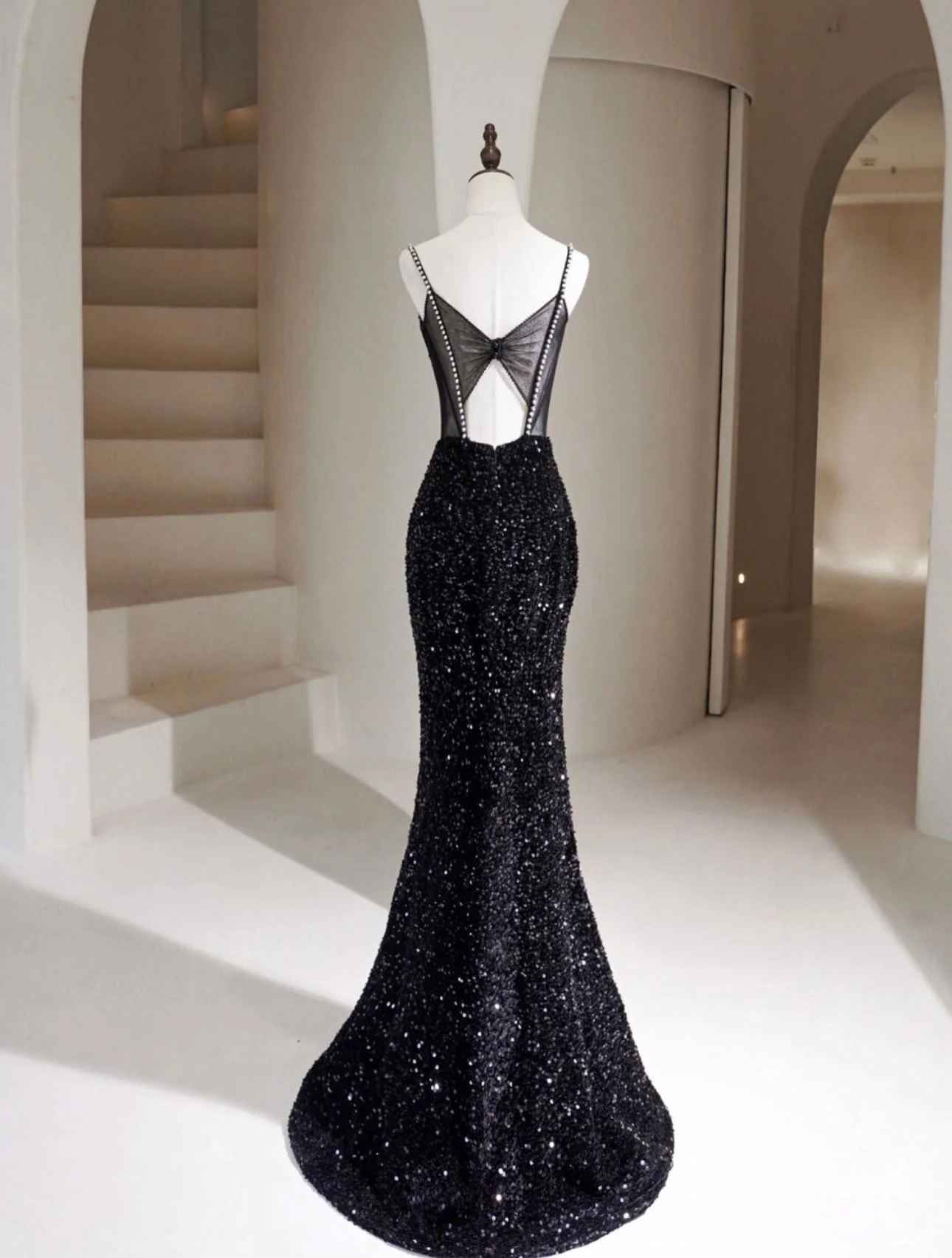 Simple Mermaid Velvet Sequin Black Long Prom Dress, Black Long Evening Dress - Deanwangkt