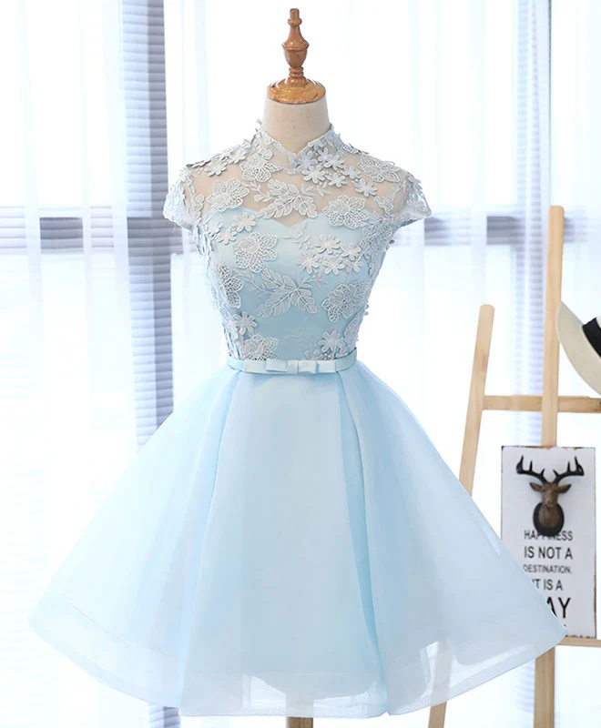 Cute Blue Lace Tulle Short Prom Dress. Cute Homecoming Dress - Deanwangkt