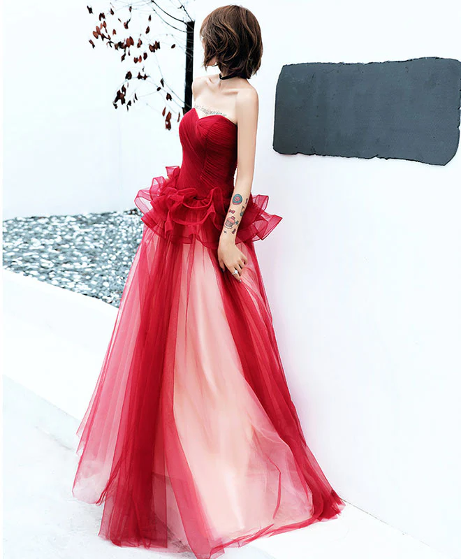 Simple Burgundy Tulle Long Prom Dress, Burgundy Evening Dress - Deanwangkt