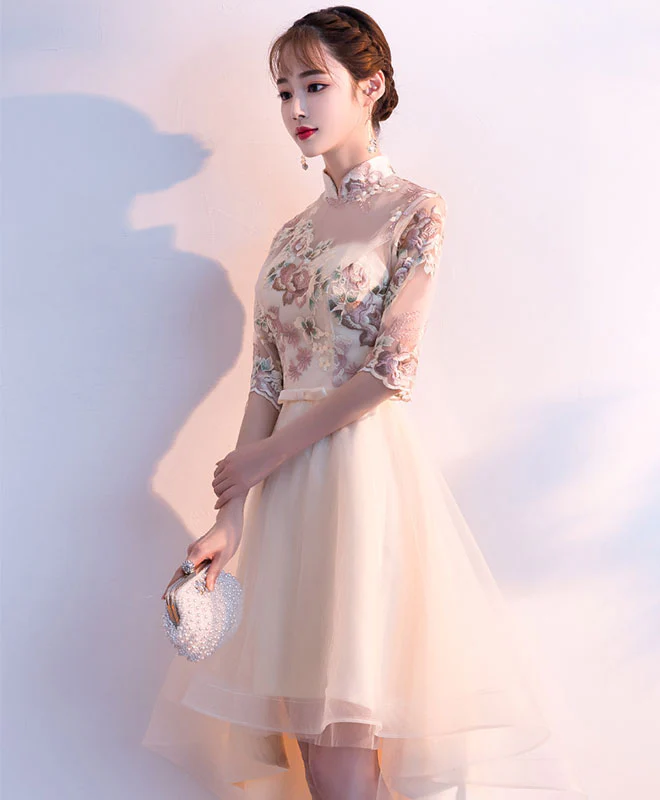 Champagne Tulle Lace Applique Short Prom Dress, Homecoming Dress - Deanwangkt