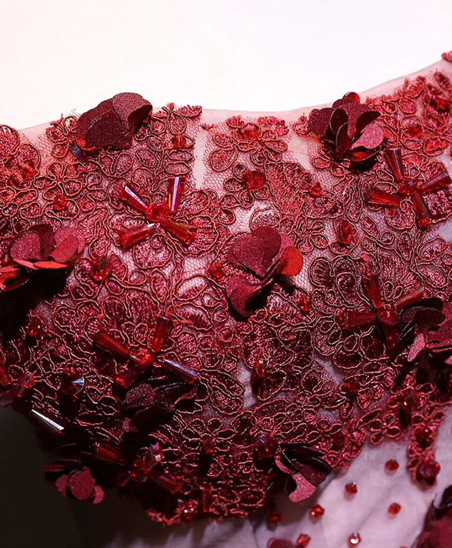 Pink Tulle Lace Applique Long Prom Dress, Burgundy Lace Evening Dress - Deanwangkt